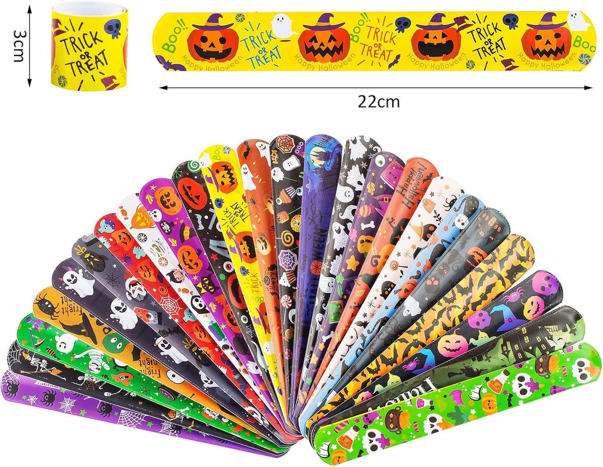 Dminya 24 pack Halloween slap bracelets for kids with skull, pumpkin, ghost and bat prints - view 6