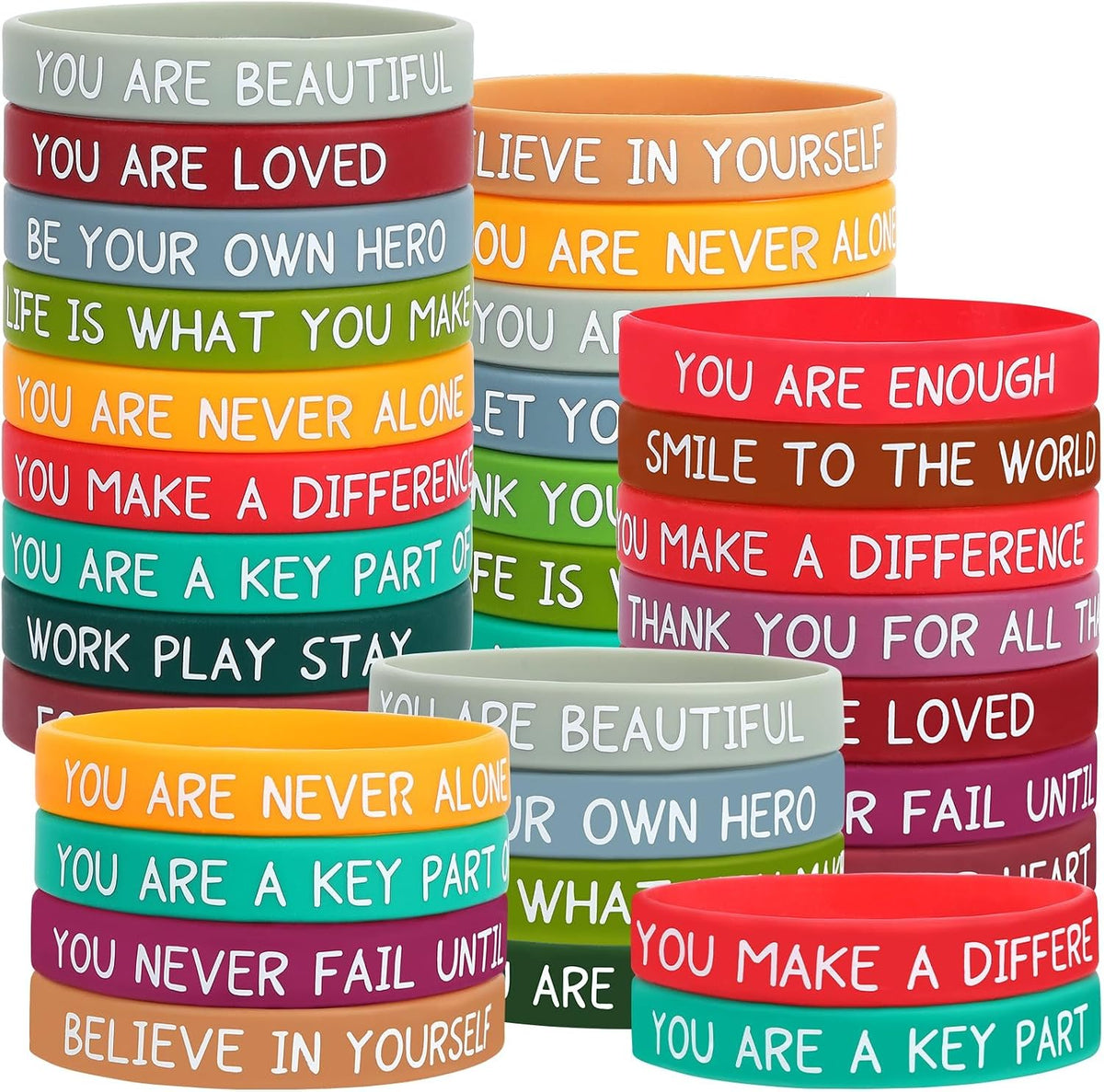 JUNEBRUSHS 64pcs Halloween Party Favors Silicone Bracelets Rubber - Inspirational Quote Style