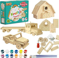 Kraftic Woodworking Building Kit for Kids and Adults, 3 Educational DIY Carpentry Construction Wood Model Kit Toy Projects for Boys and Girls - Build a Wooden Off-Road Vehicle, Flatbed, Barn