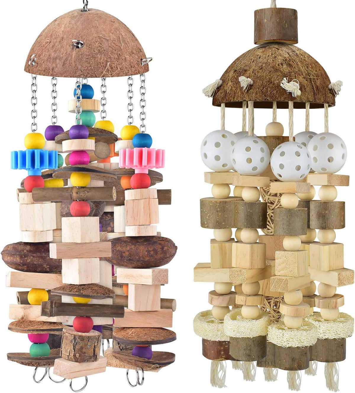 KATUMO Bird Toy, Large Parrot Natural Wooden Blocks Chewing Toy Suits for African Grey Cockatoos - Plastic ball+Nutshell