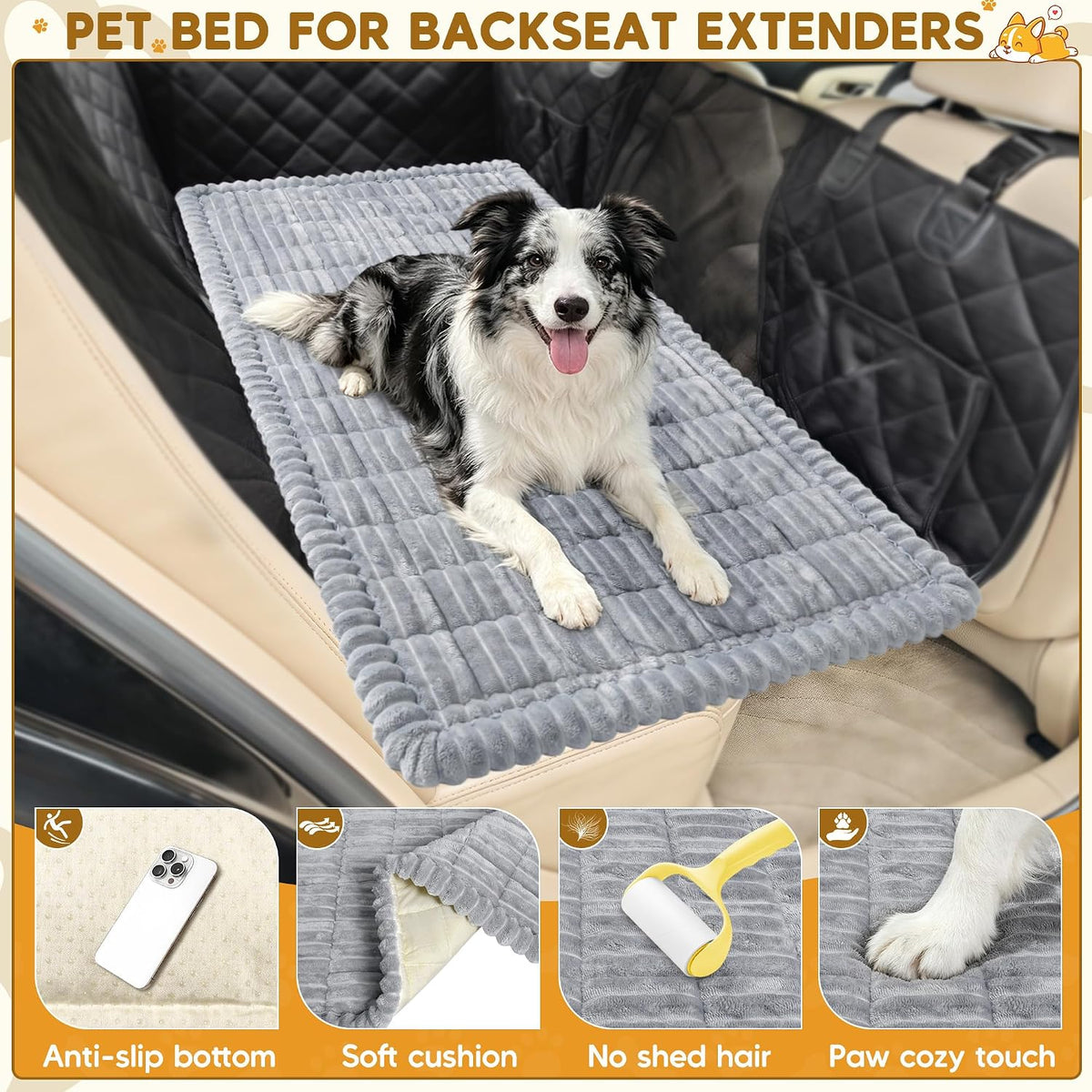 Dog Car Bed, Non-Slip Backseat Dog Bed Mat 50" L×24.6" W – Essentials for Dogs - Light Grey / Medium (50"L×24.6"W) - image 3