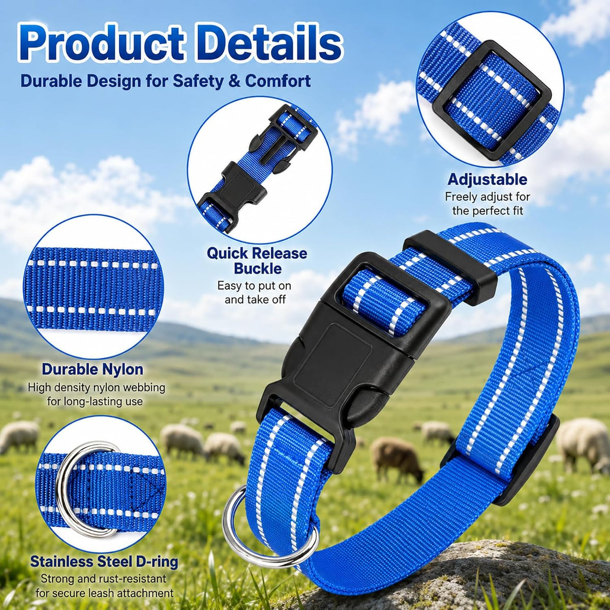 5 Pack Reflective Goat Collars with Bells, Anti-Lost Pet Collar - Black+Red+Pink+Deep Blue+Purple - image 3