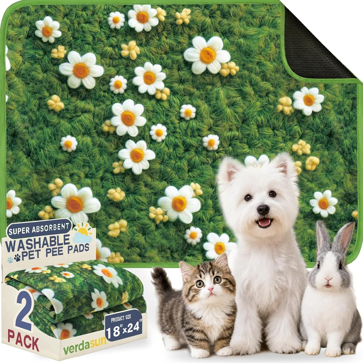 Washable Pee Pads for Dogs, Reusable Puppy Potty Training Pads - Yellow Daisy on Green / 18" ×24"(pack of 2)