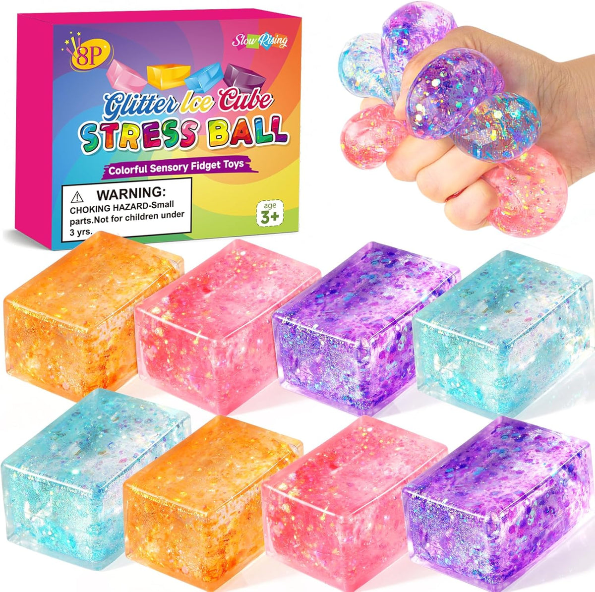 16 Pack Slow Rising Stress Balls，Textured Memory Soft Stress Ball – Fun for Kids & Family - 8 Pack Large Cube Stress Toys