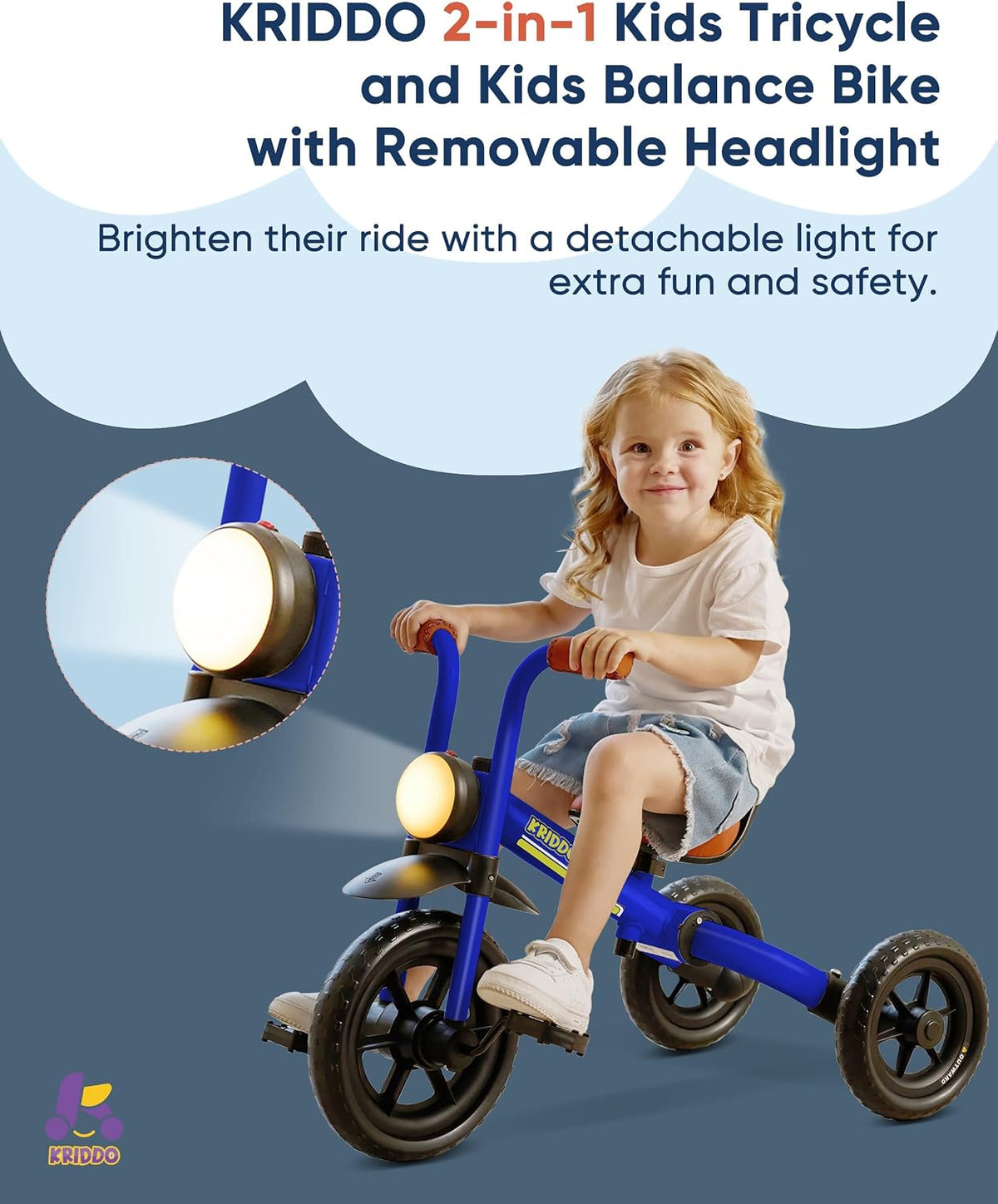 KRIDDO 2-in-1 Foldable Balance Bike and Toddler Tricycle for 2 to 5 - Blue - image 3