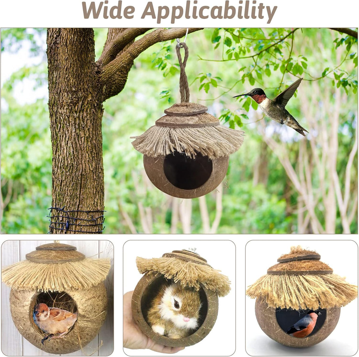 Natural Coconut Hide with Ladder Perches Hanging Bird House Toy - 1pc Coconut Fiber Hanging Birdhouse Cage - image 3