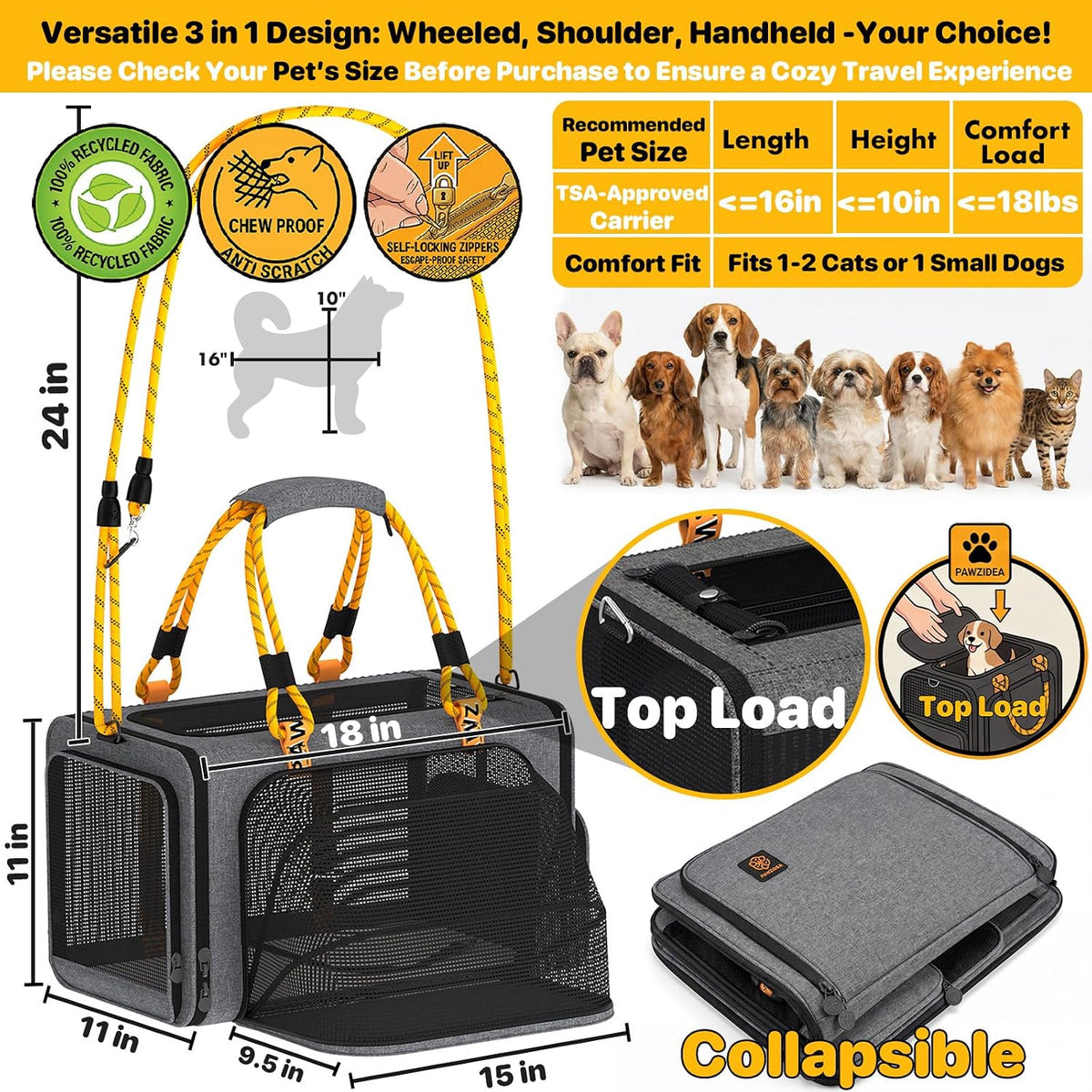 Expandable Pet Carrier for Small Cats & Dogs - 18.0"L x 11.0"W x 11.0"H / Mid-Hemp Gray - image 2