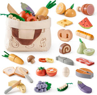 ROBOTIME wooden play food cutting fruit set with storage shopping bag