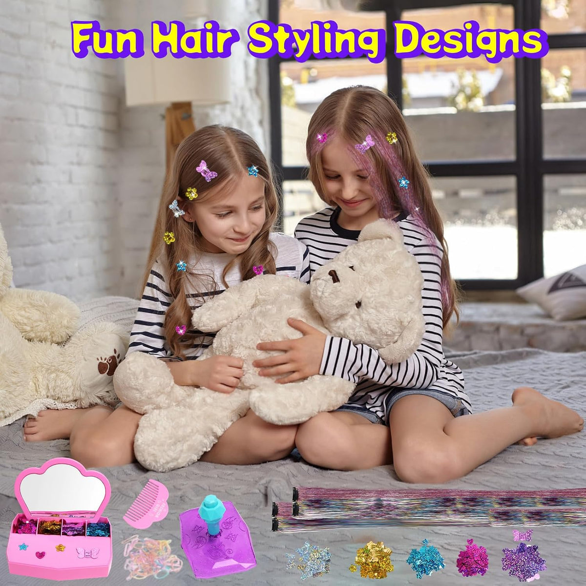 AOSITE hair bedazzler gem stamper kit with glitter pieces, wig pieces, mirror and box - view 8