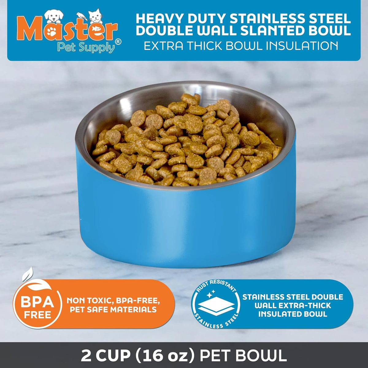 Master Pet Supply Stainless Steel Slanted Dog Cat Food Bowl 24 oz - True Blue / 2 Cups (16 oz) - image 2