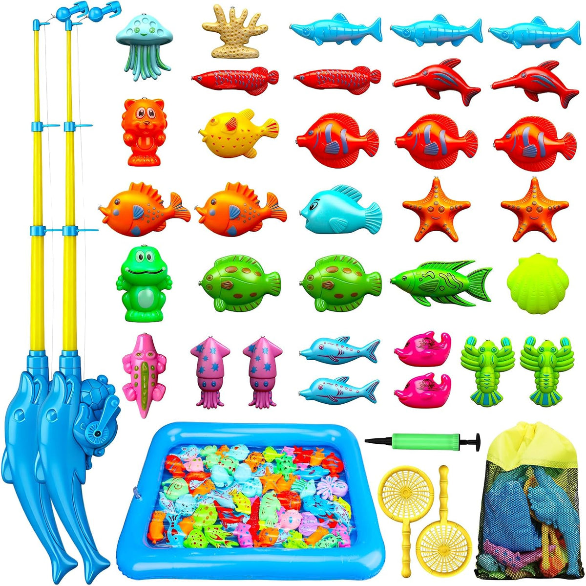 TOY Life Magnetic Fishing Game for Kids, Bathtub and Pool Toy - 2 Kids Fishing Pole With Inflatable Pool