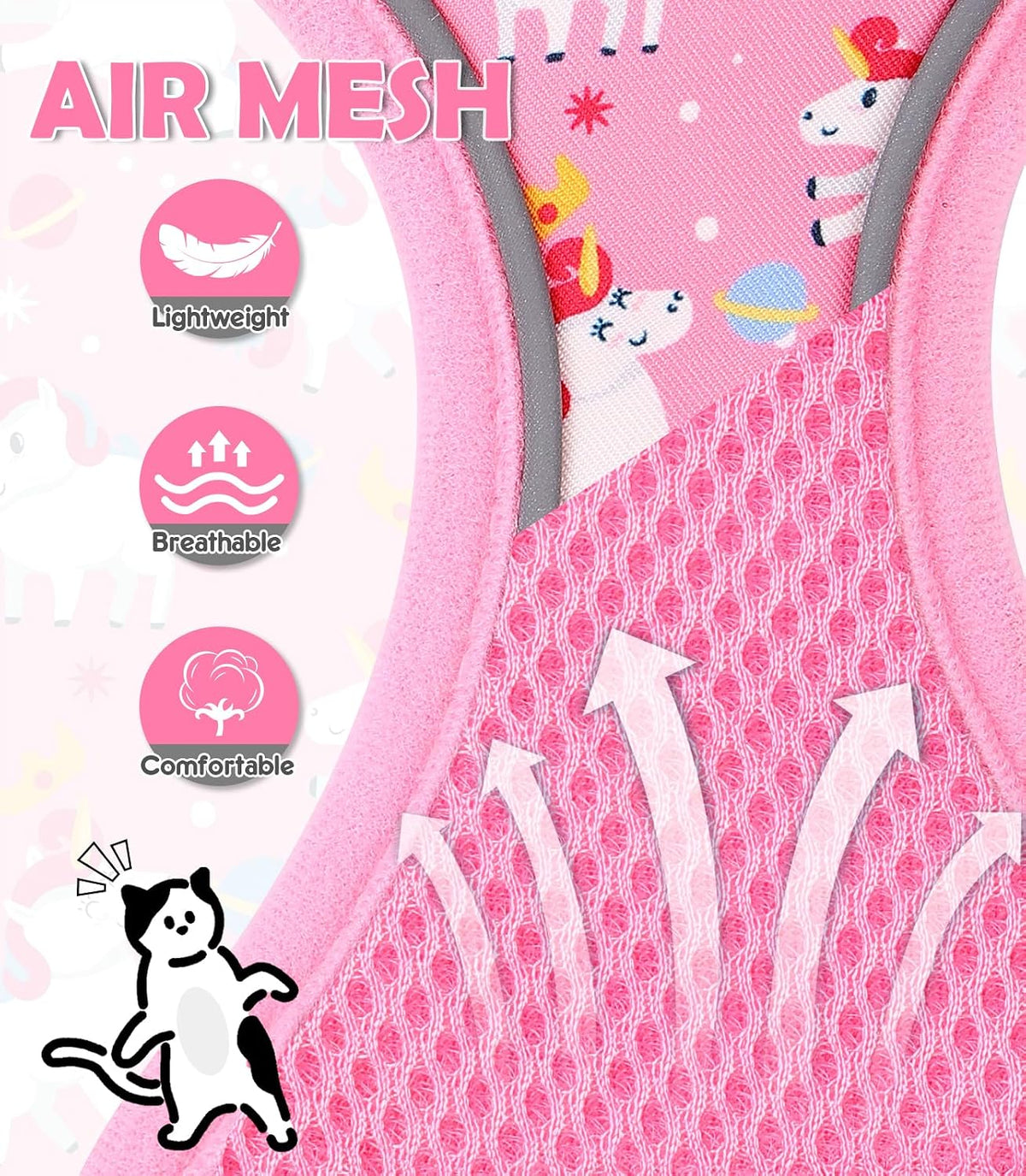 Cat Harness and Leash Set[MAX Safety 4th-Gen] Cute Escape Proof Vest - H603 Pro Pink Unicorn / Medium (13-18lb) - image 4