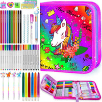 weirtoya 56 PCS Washable Scented Markers Set with Glitter Pencil Case - Multi Color Unicorn