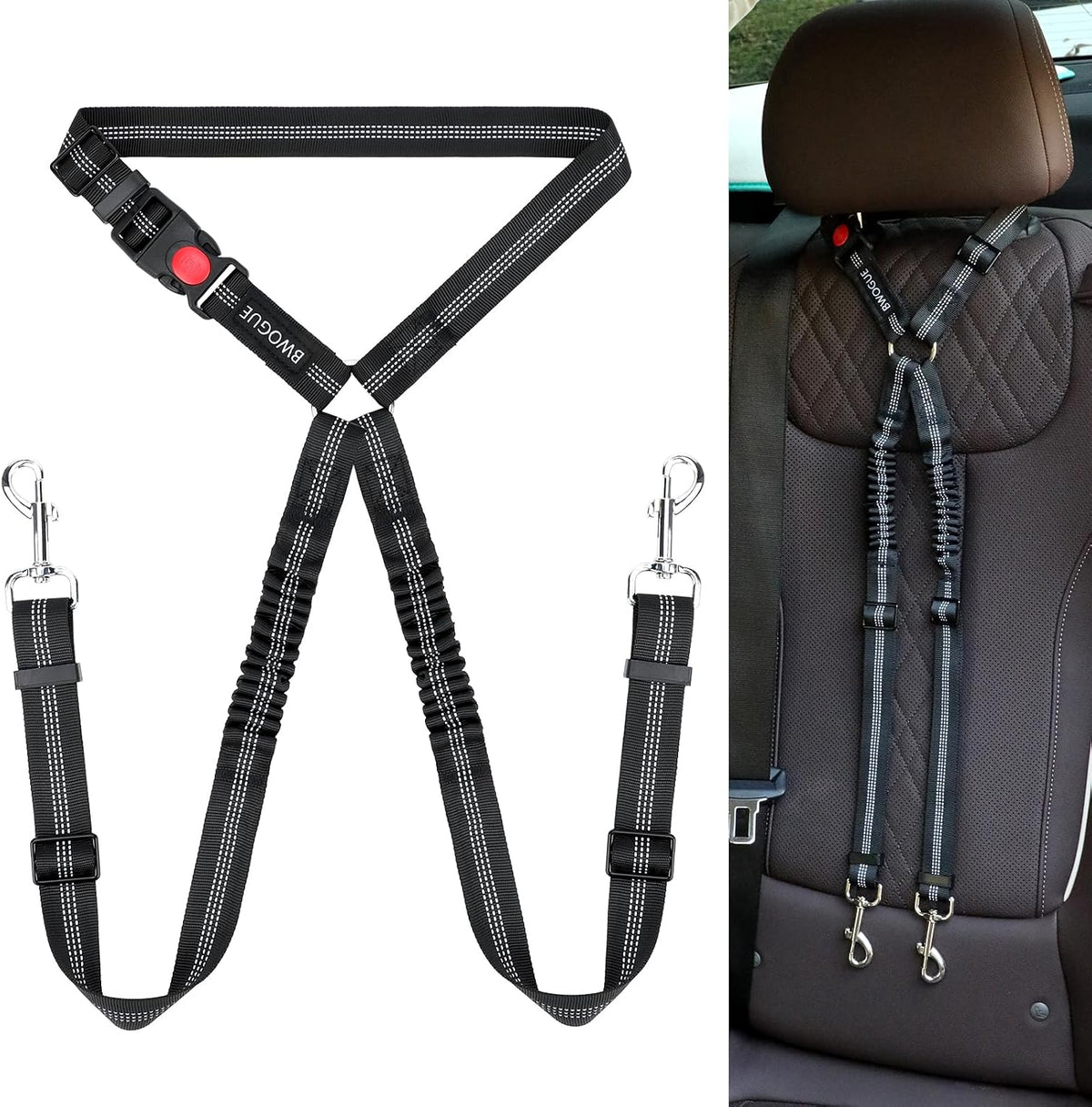 Dog Seat Belt for Car, Headrest Restraint Safety Lead, Dogs Cats – Essentials for Dogs - Black / Elastic(Double Leash)