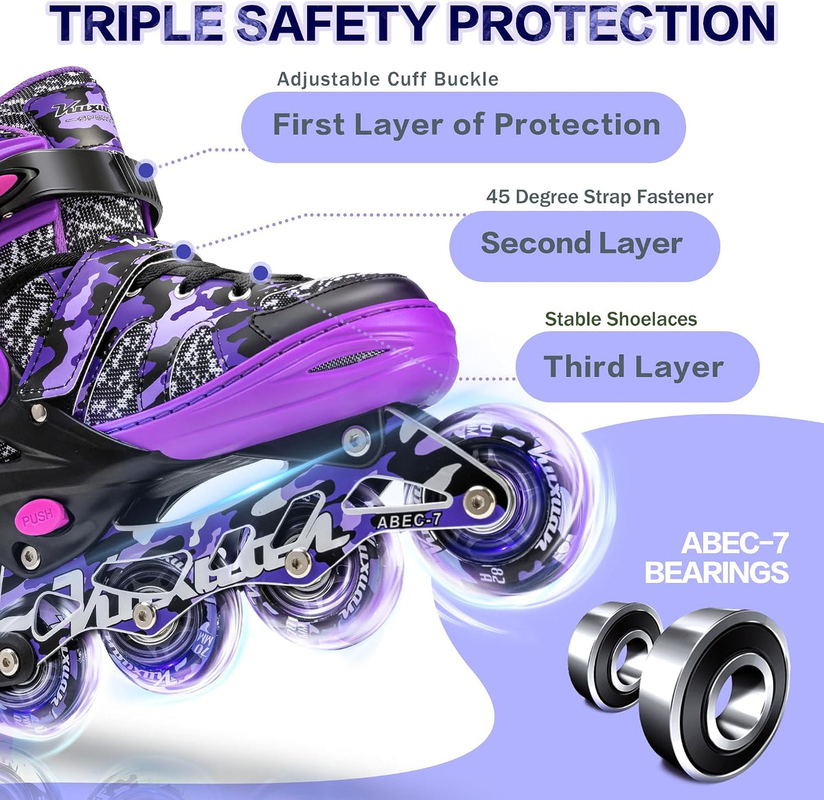 Kuxuan Boys Adjustable Inline Skates with Light up Wheels for Kids - Purple Camo / X-Large(Adult 8-10 US) - image 2