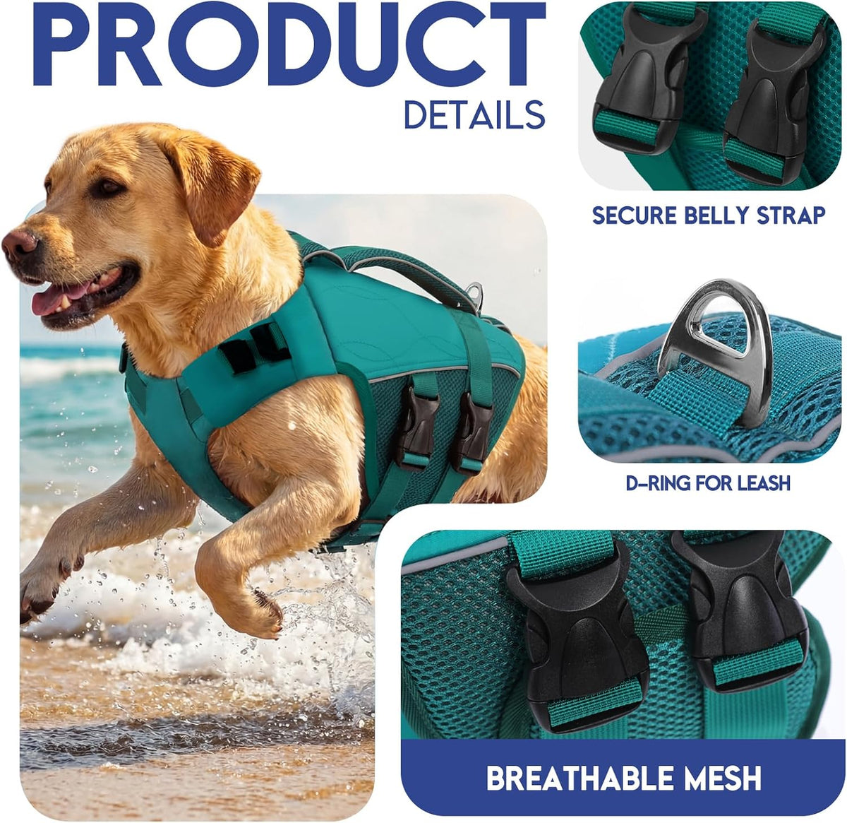 ASENKU Dog Life Jacket, High Floatation Dog Swimming Vest with Rescue Handles for Small Medium - X-Small / LakeGreen - image 2