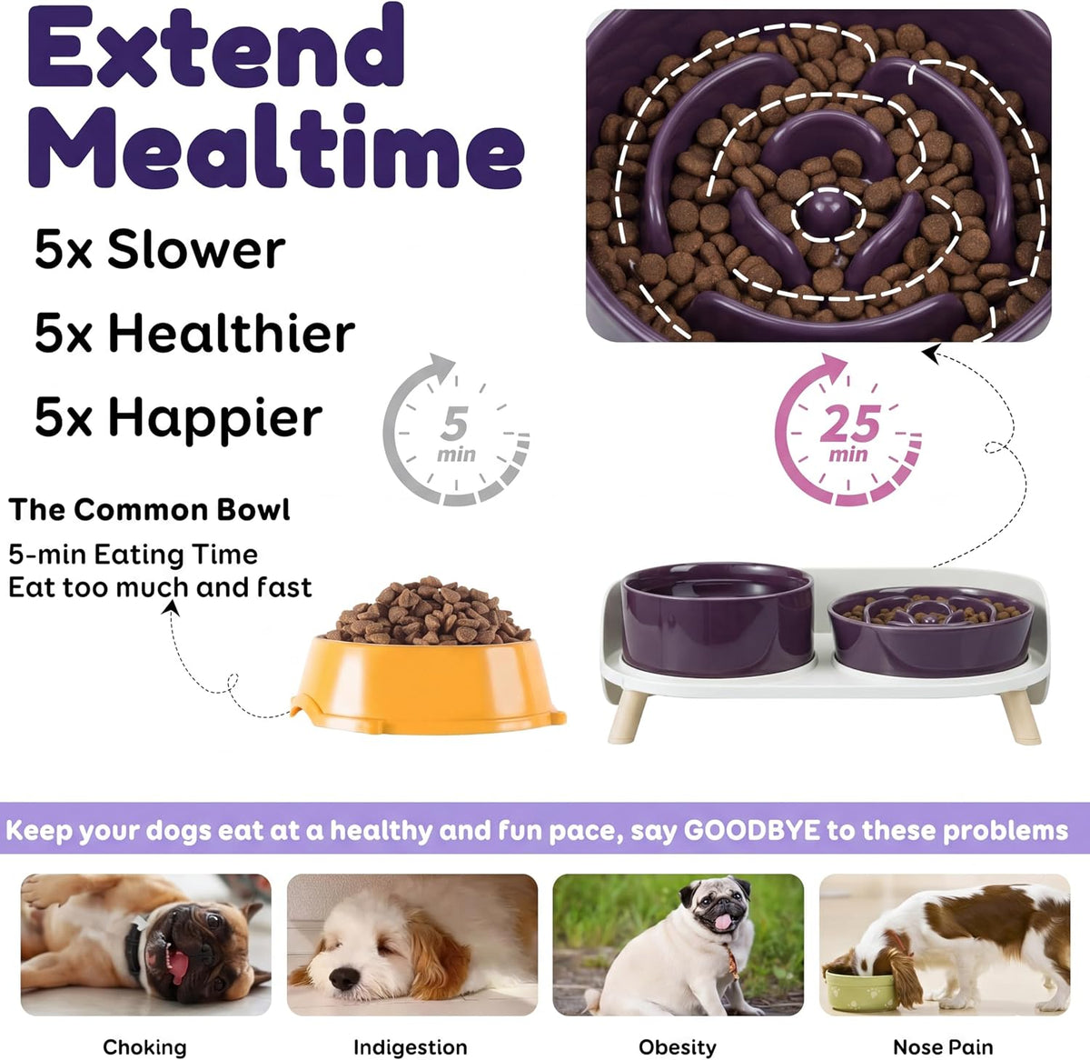 Elevated Slow Feeder Dog Bowls with Splash Proof Stand - Medium / Purple - image 2