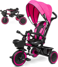 KRIDDO 7-in-1 toddler push tricycle with parent steering handle and canopy