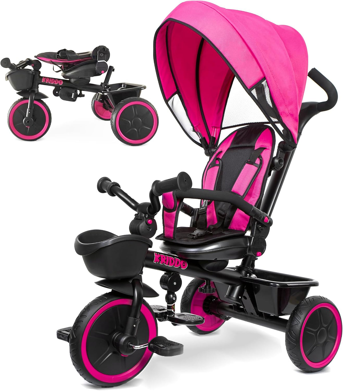 KRIDDO 7-in-1 toddler push tricycle with parent steering handle and canopy
