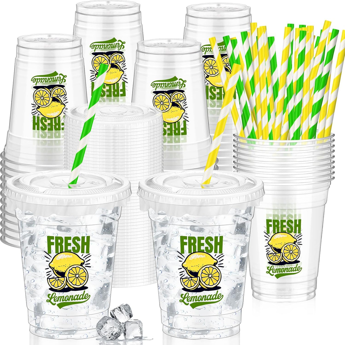 Domensi clear 12 oz Halloween ghost party cups with lids and pink striped paper straws - view 3