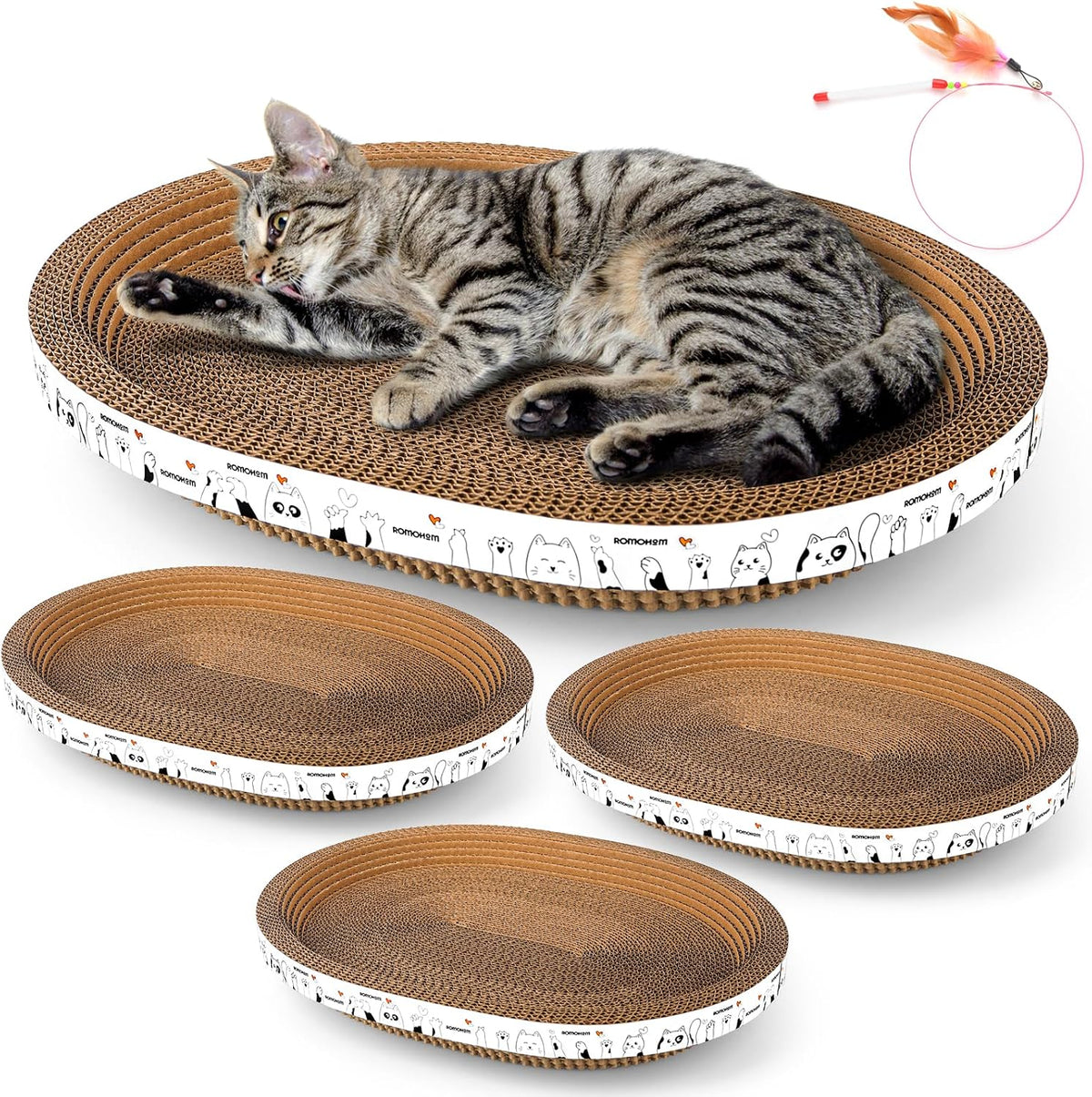 3 Pack Oval Cardboard Cat Scratcher & Lounger Bed - 3-Pack - Large