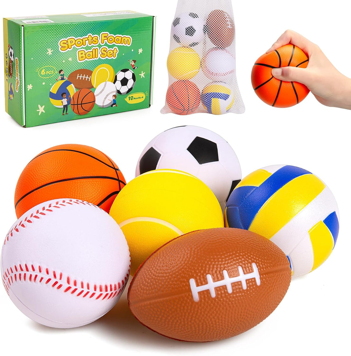 Soft Sports Balls for Kids - 6 Foam Balls 3.5"