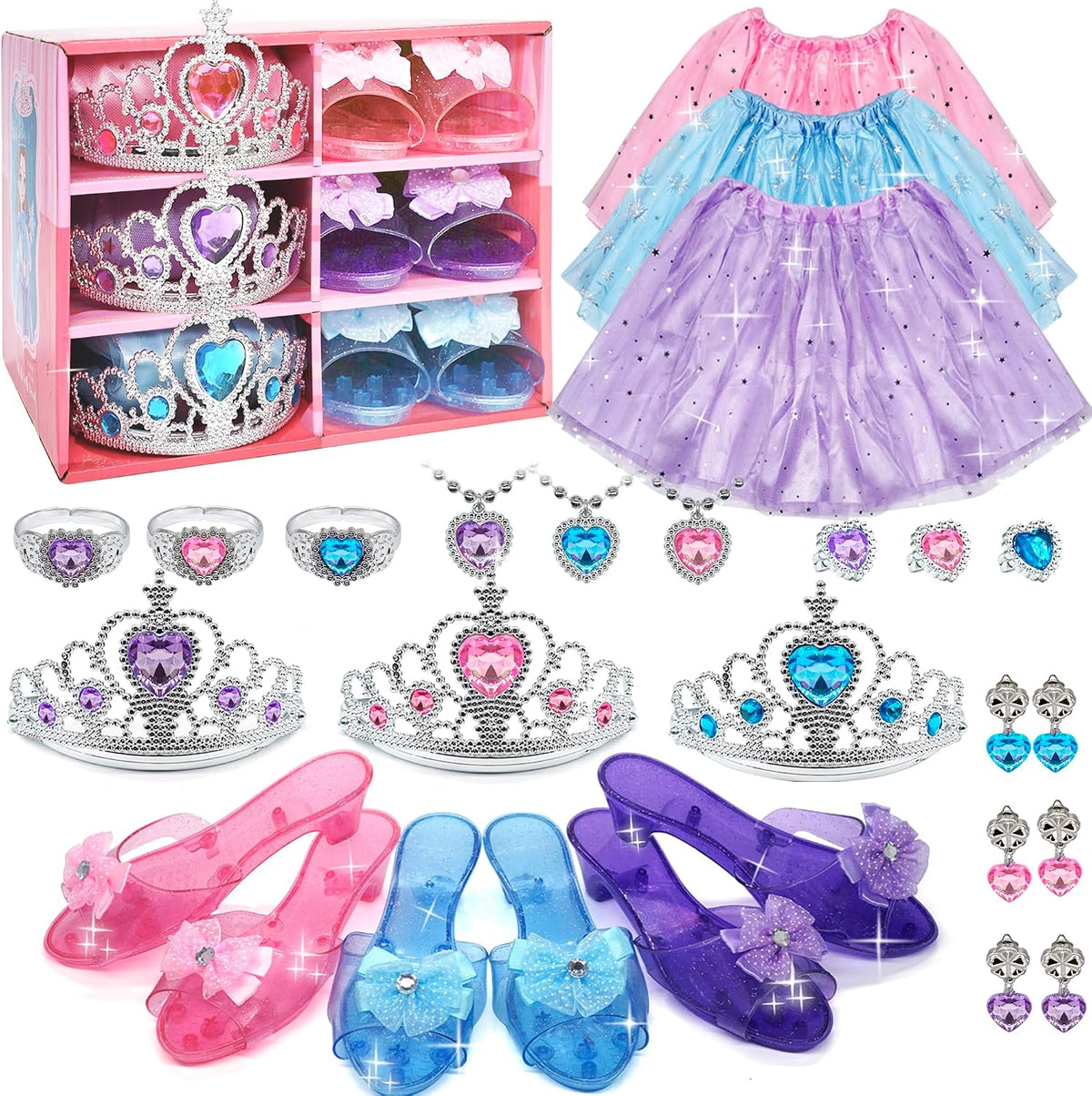 Mrabbitoo princess dress up set with tulle skirts, play heels, crowns and jewelry