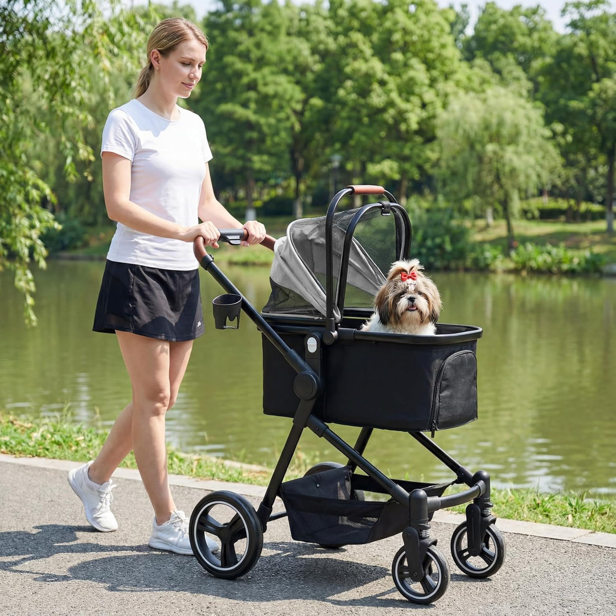 Foldable Double Pet Stroller for 2 Small Medium Cats Dogs – Essentials for Cats - Gray / Single - image 2