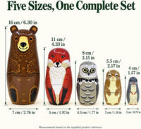 Kakeah 5 piece wooden nesting dolls set with brown bear, fox, owl, rabbit and raccoon - view 4