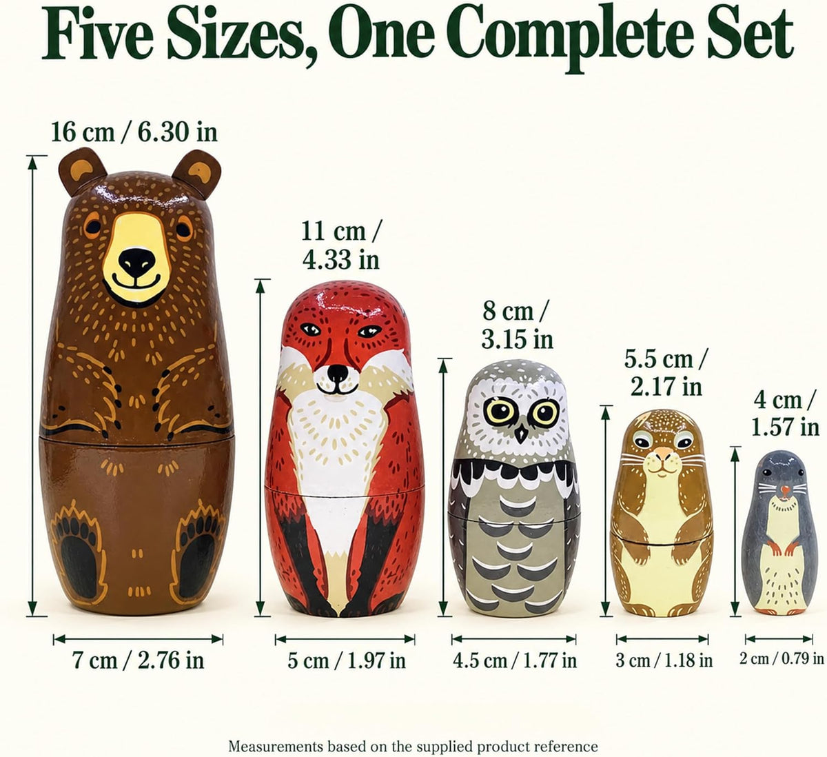 Kakeah 5 piece wooden nesting dolls set with brown bear, fox, owl, rabbit and raccoon - view 4