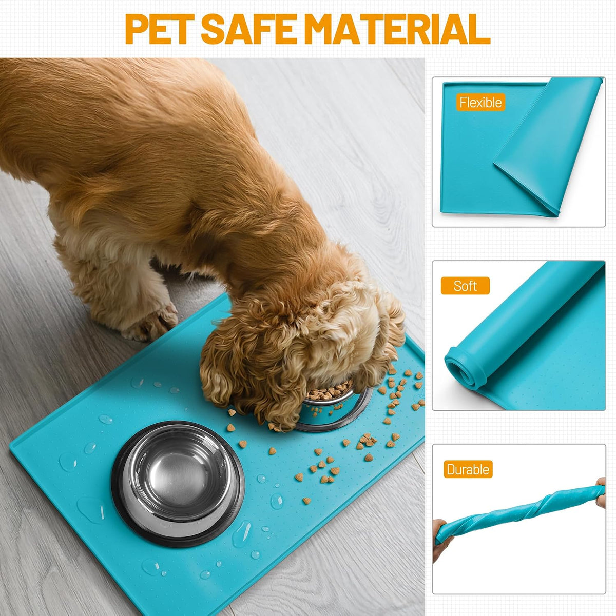 Hubulk Dog Feeding Mat,100% Waterproof Food Grade Silicone Pet Food and Water Bowl - Green(Teal) / 24"l X 16"w - image 2