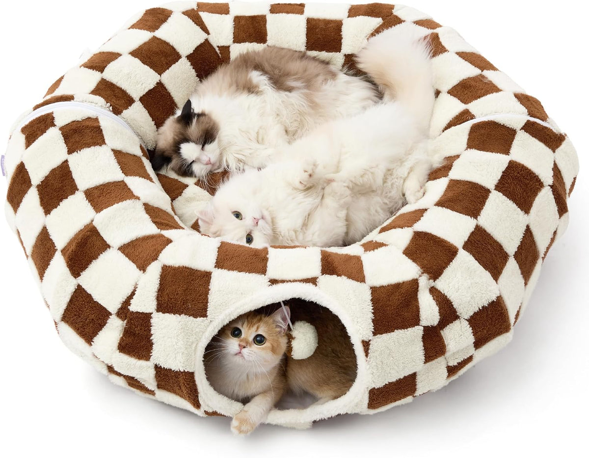 Lesure Donut Cute Jacquard Cat Tunnel Bed Kitten Toys for Puppy Bunny – Essentials for Cats - large (39.5"L x 39.5"W x 10"H) / Brown Checks