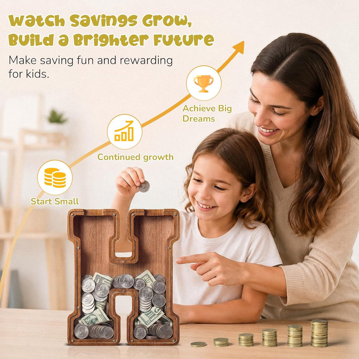 KMC wooden letter piggy bank, oak initial coin bank with clear plexiglass front - view 27