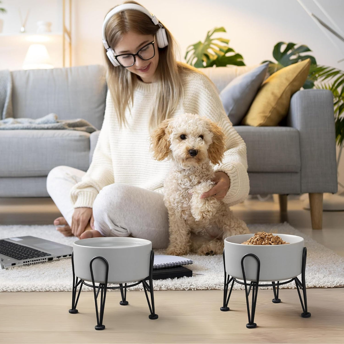 Elevated Dog Bowls, Ceramic Raised Dog Bowl Set with Anti-Slip and Non-Tip Metal Stand, 2 Pack Pet - Gray / 3.6 Cups | 2 Pack | For Medium Dogs - image 4