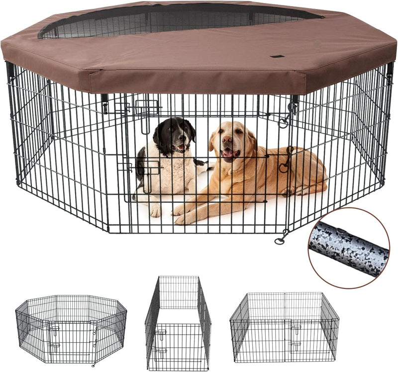 NEZUC Foldable Metal Dog Exercise Playpen Gate Fence Dog Crate 8 - Brown / 36"H / Playpen+Top Cover
