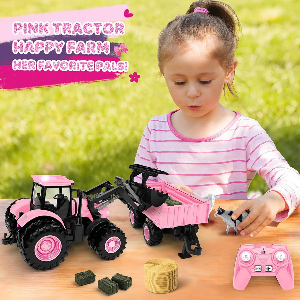Uarzt Remote Control Tractor Toy with Trailer - Pink - image 2