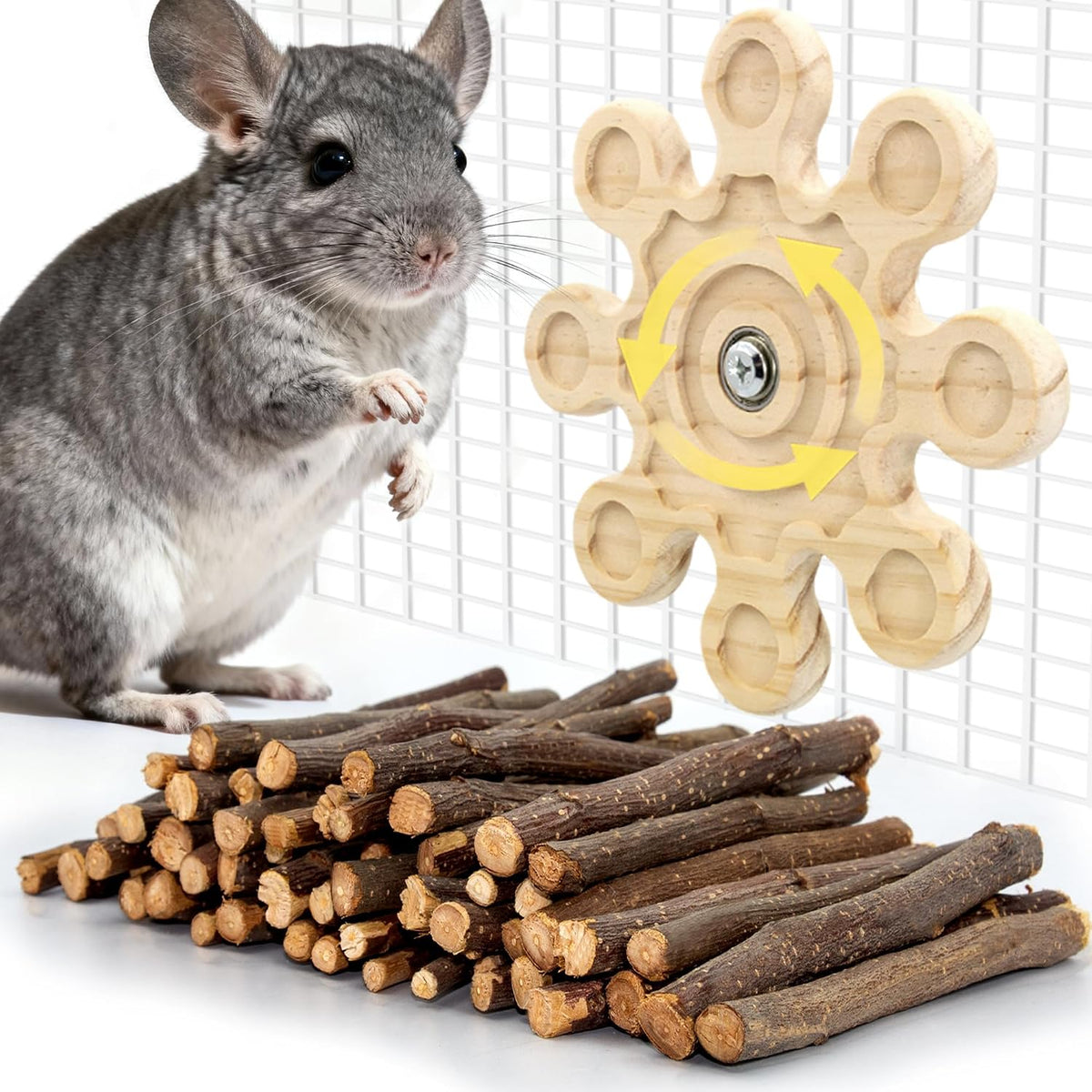 2Pcs Rotating Chinchilla Chew Toys - 2pcs / Small Chew Toy + 250g(0.55lb) Apple Sticks