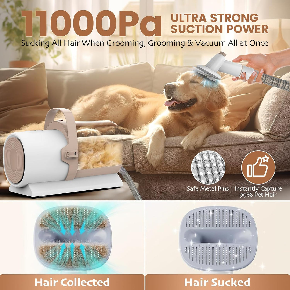 Dog Grooming Vacuum, All-in-One Pet Grooming Kit with Hair Clipper & Shedding Brush, Low Noise - Pink - image 3