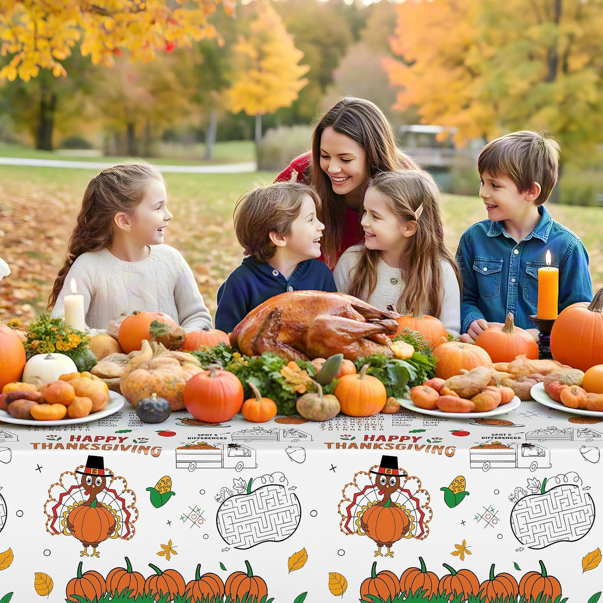 Litmitfu Thanksgiving coloring paper tablecloth with turkeys, pumpkins and games - view 8