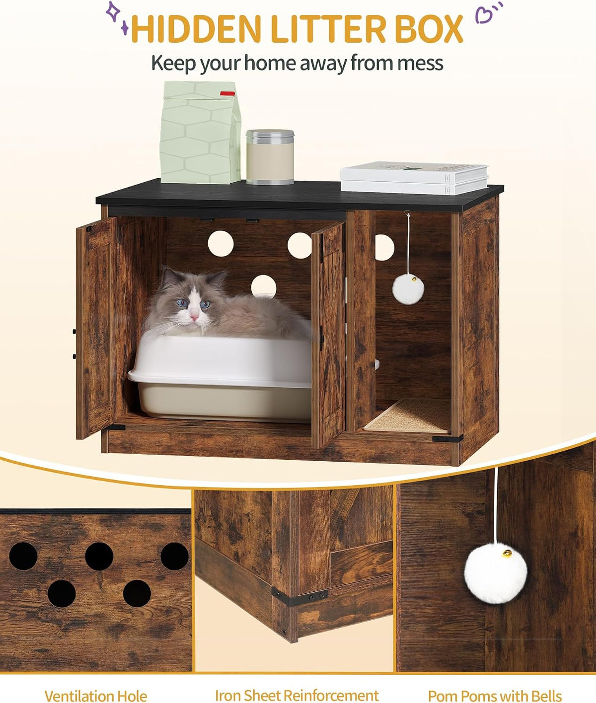 Hzuaneri Cat Litter Box Enclosure - 31.5"L x 19.7"W x 20.9"H / Rustic Brown and Black - image 4