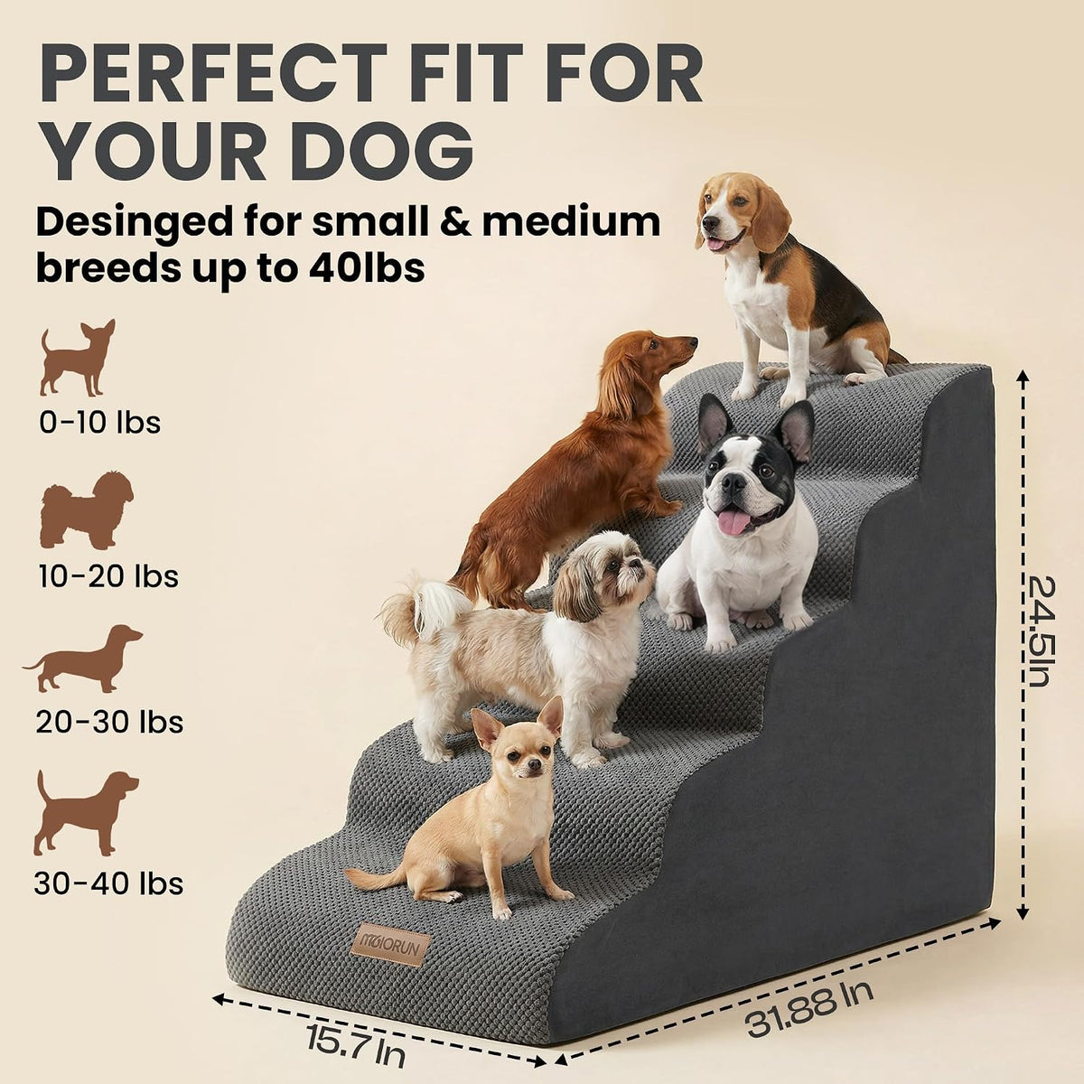 Miorun Dog Stairs for High Beds - Light Grey / 5.0 / Cover 24.5"H - image 3