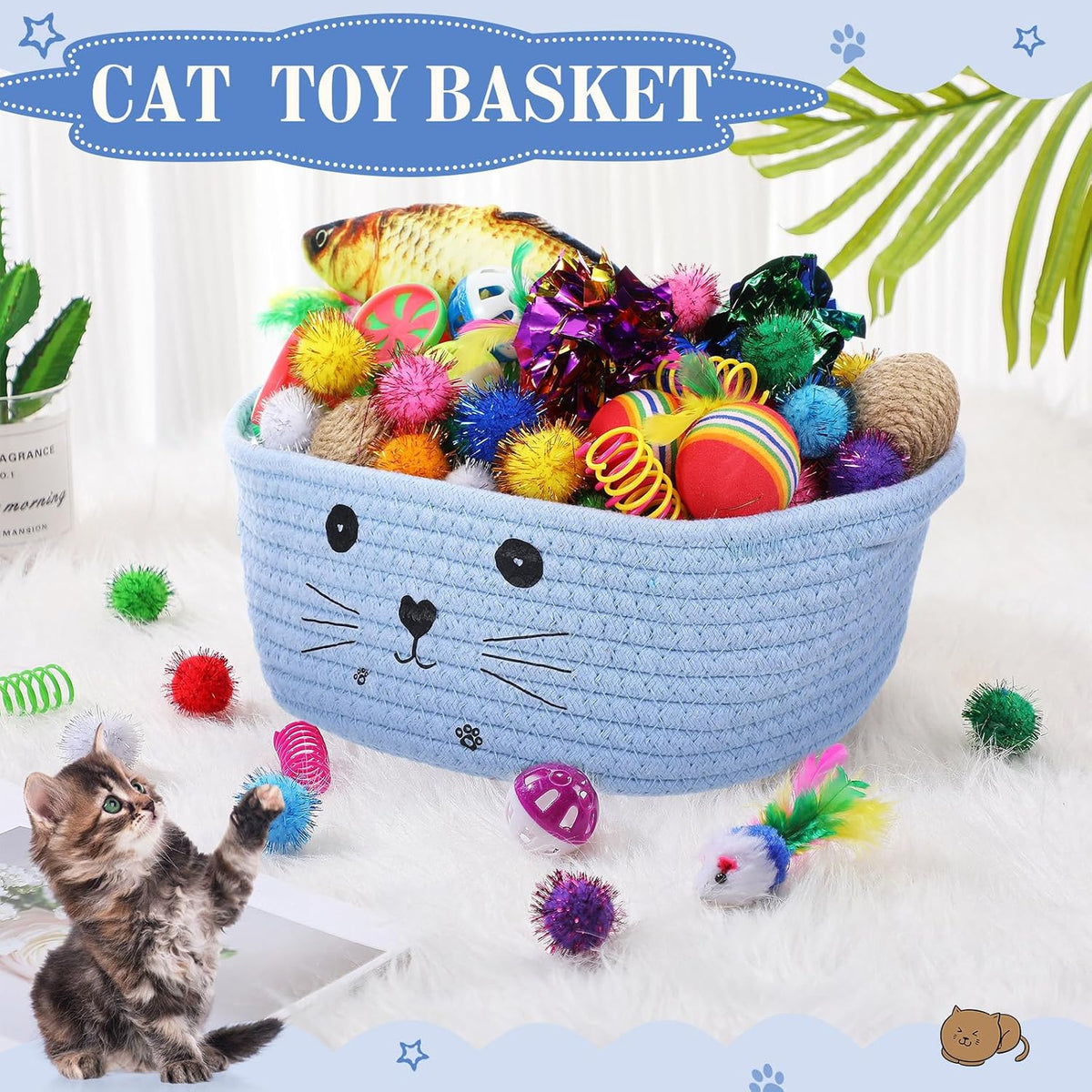 Zopeal 58 Pcs Cat Toy Set with Storage Basket Indoor, Grey - Light Blue / 9.8 Inch - image 4