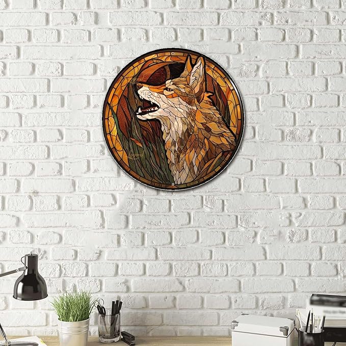 Lygond Metal Sign Tin Sign Circular Stained Glass Coyote Signs for Garden for Pub 12×12 Inches