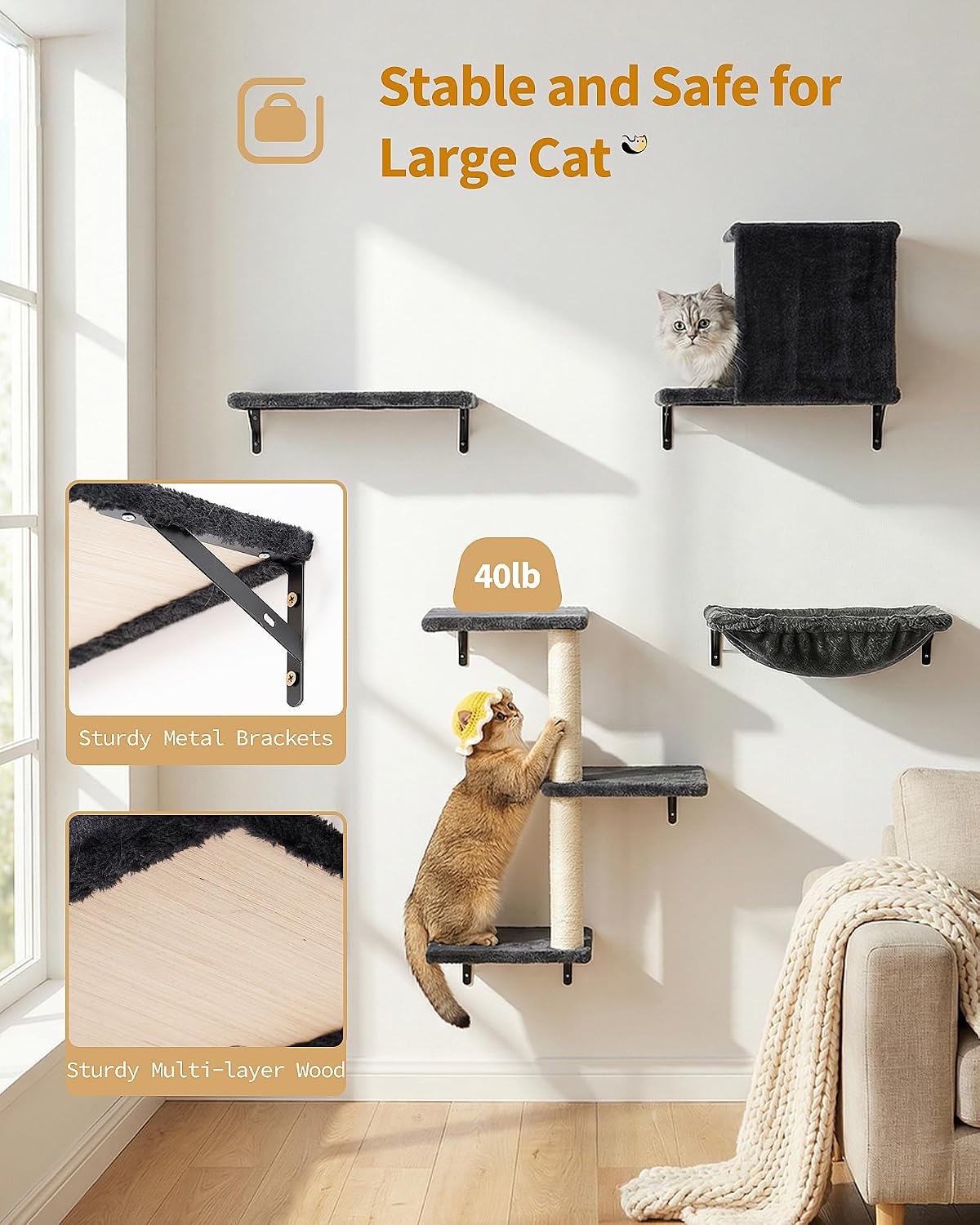 Heavy Duty Cat Wall Shelves for Large Cats - 6-in-1 - image 4