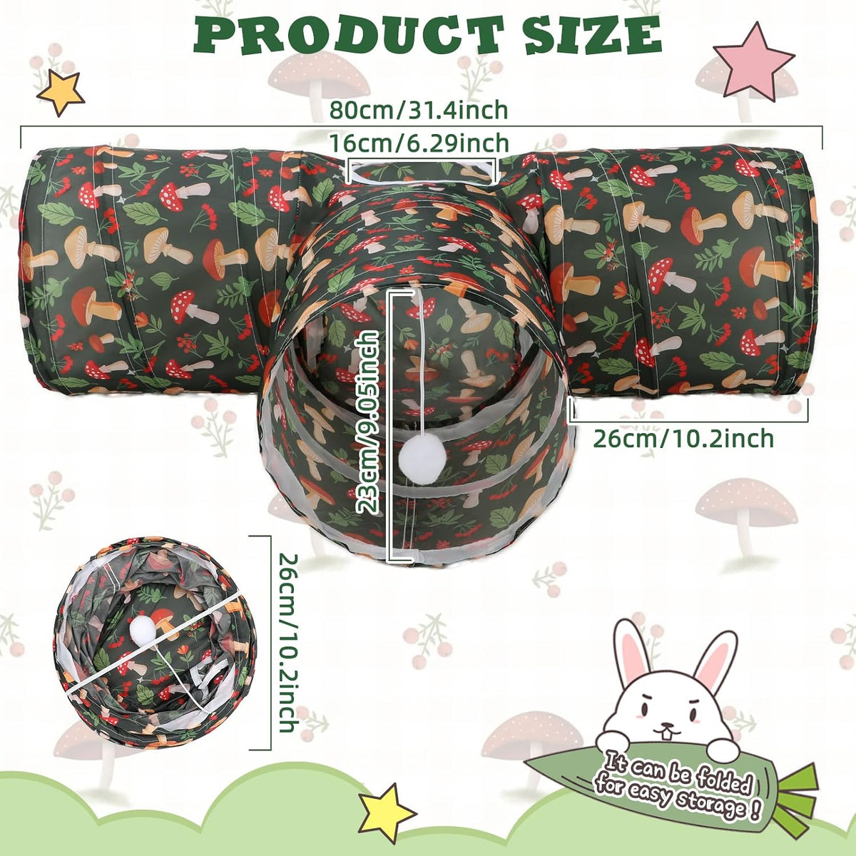 Bunny Tunnels & Tubes, 3-Way Collapsible Rabbit Hideout for Bunnies – Essentials for Small Pets - Mushroom - image 4