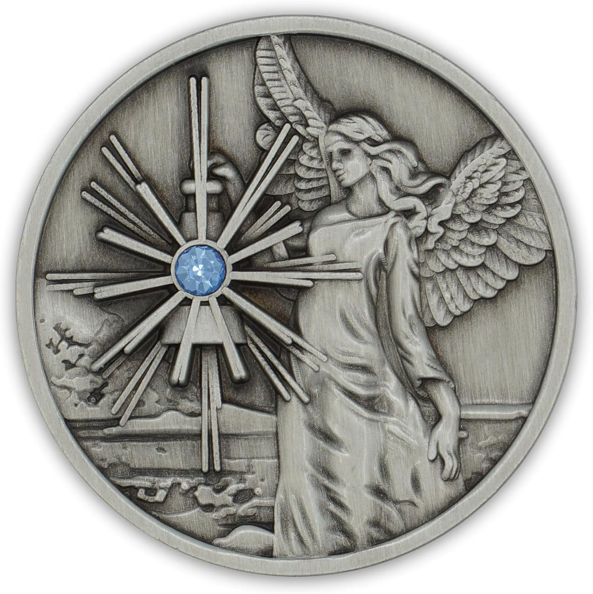 The Token Shop pewter guardian angel coin medallion with aqua crystal lantern - view 4