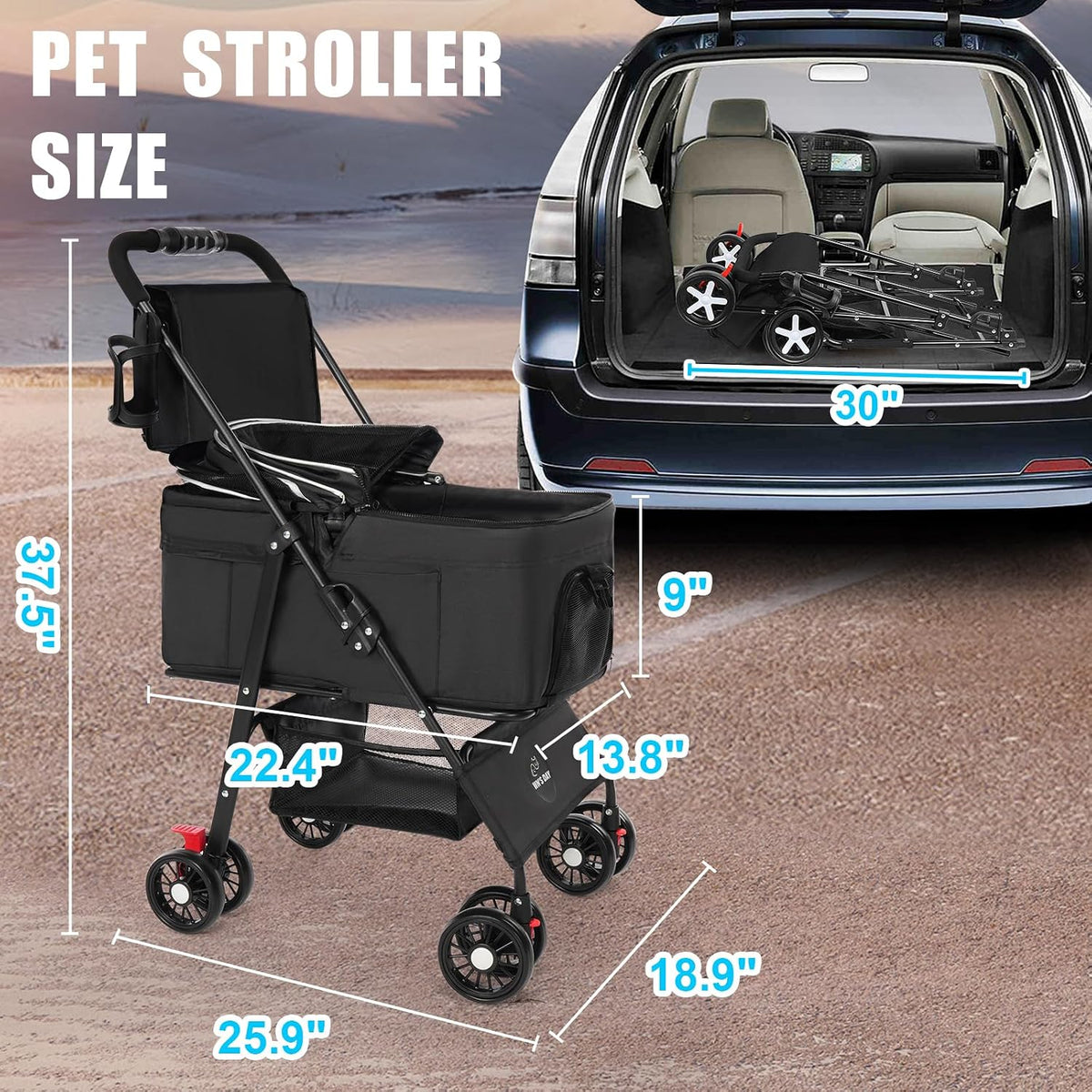3 in 1 Pet Dog Stroller for Small Medium Dogs 10-50 lbs - Black - image 3
