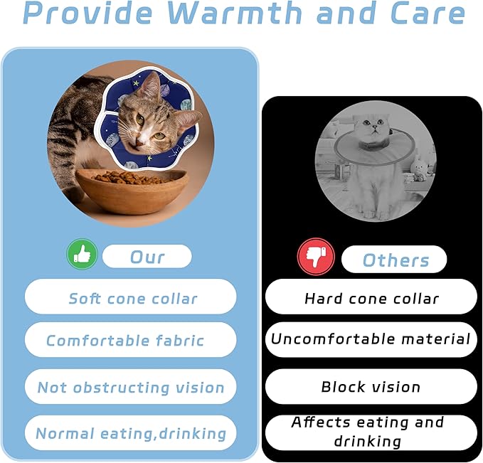 Soft Adjustable Cat Cone Collar - Comfortable Recovery Collar for Cats After Surgery (Blue, Small)