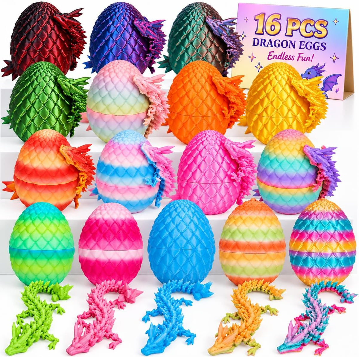 TBOLINE 16 pack dragon eggs with 3D printed articulated dragons and basket - view 2