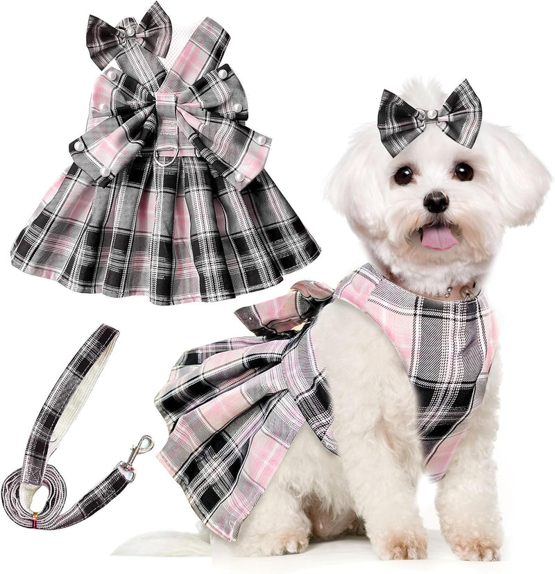Cute Dog Dress Clothes for Small Dogs Cats Girl Female Red Plaid Bow - Pink / S ( Suggest 3-5 lbs)